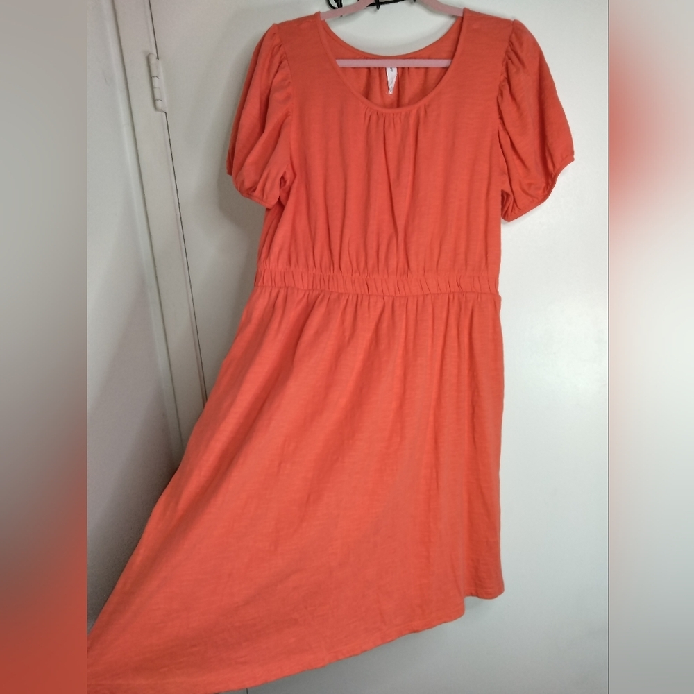 Daily Practice (Sz L) Orange Burnout Scoop Neck Slip Pocket SS Fit & Flare Dress